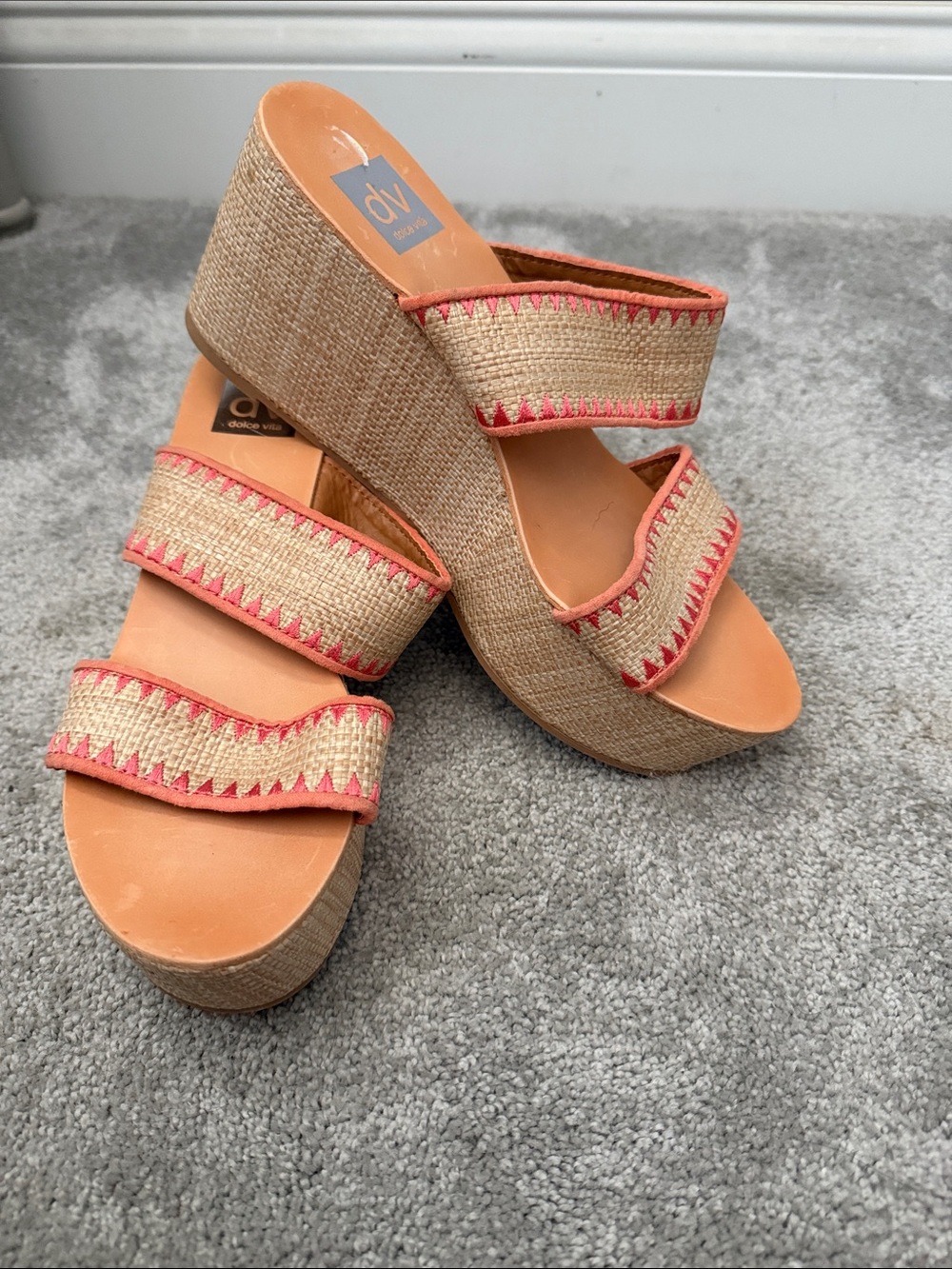 DV by Dolce Vita Natural Raffia Wedges with Coral Trim